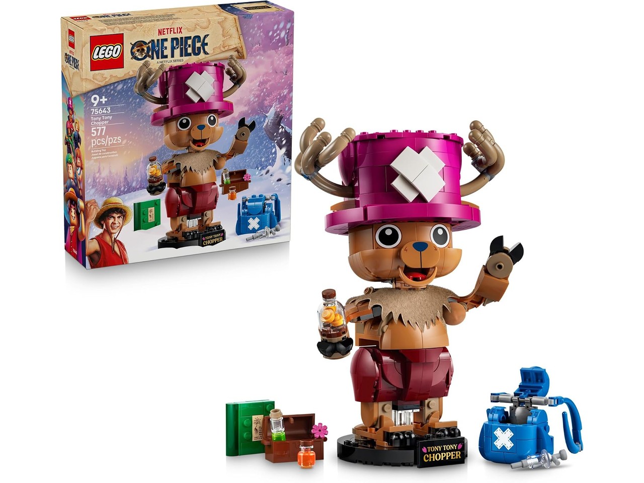 Assembled LEGO Tony Tony Chopper figure on its display stand